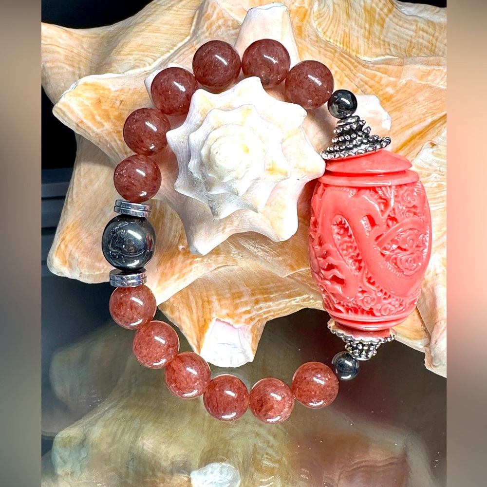 STRAWBERRY QUARTZ STONES + LUCKY DRAGON NATURAL BRACELET size 7”